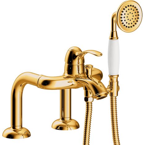 TRES 24219401OR TRES CLASIC Grifo Monomando para Borde De Bañera con Tomas De Agua Acodadas Color Oro 24K - ref: 24219401OR