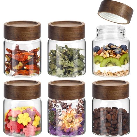 Bocal à café en verre avec couvercles en bois et cuillère épaisse - Pour haricots au sol, thé à l'oatmeal - 6 x 150 ml (1/5)