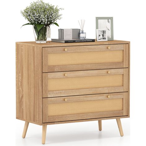 COSTWAY 3-Drawer Rattan Dresser Boho Wooden Nightstand with 3 Large Drawers
