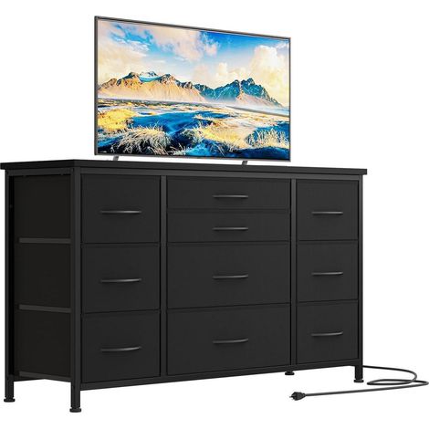 Commode 10 tiroirs tissu noir avec 3 prises intégrées 121cm (1/5)