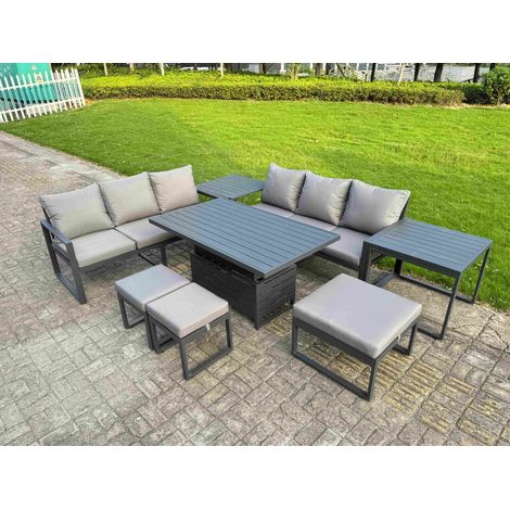 Fimous 8 Pieces Garden Furniture Set Aluminium Adjustable Rising Lifting Dining Table and Sofa Set with 2 Side Tables 3 Footstools Dark Grey (1/5)