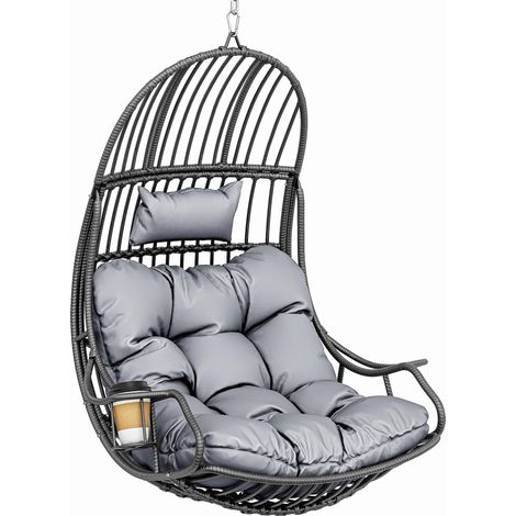 Chaise Suspendue Oeuf avec Coussin 150 kg, Fauteuil Hamac Suspendu Extérieur/Intérieur avec Porte-gobelet, Siège Pendentif en Rotin pour Jardin Terrasse Balcon Salon, Gris (1/5)