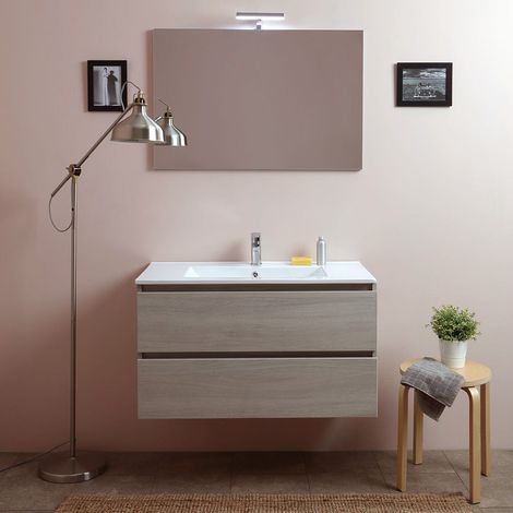 Kiamami Valentina – Meuble double vasque suspendu 90 cm – Tiroirs en orme Leone – Lavabo céramique avec miroir – Installation facile (1/5)