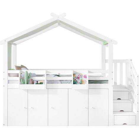 Letto a castello per bambini 90 x 200 cm con scala contenitore, sponde, bianco e verde (1/5)