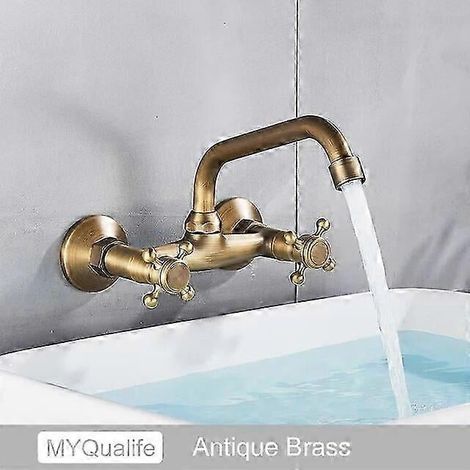Robinet mural pour salle de bain et cuisine, à deux poignées, finition laiton antique, pour eau chaude et froide, avec long bec (1/5)