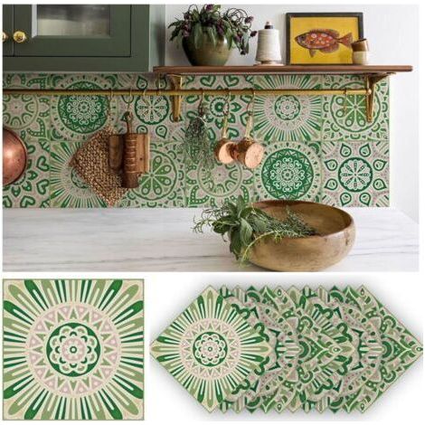 Vintage Antique Green Wall Stickers 20 x 20 cm - Pack of 12 Pieces - Self Adhesive Vinyl for Kitchen Splashbacks and Living Rooms (1/5)