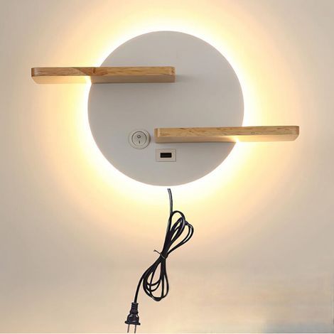 Ineasicer Applique Mural Blanc Bois avec interrupteur et Interface USB 9W LED Lampe de Lecture Murale avec étagère Lampe de Chevet Moderne avec Câble et Prise pour chambre, salon, Bureau, intérieur, 3 (1/4)
