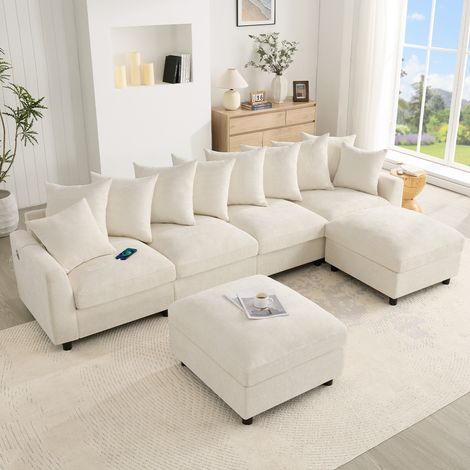 Canapé modulable 6 places d'angle en U/L,avec port USB/Type-C,canapé en chenille avec 2 poufs mobile,8 coussins réglables+2 coussins décoratifs,Beige (1/5)