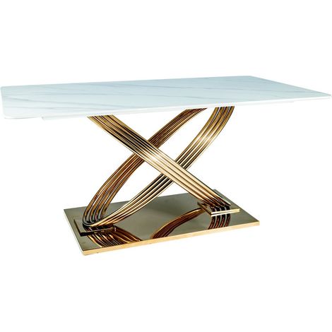 Table de salle à manger 160x90 céramique aspect marbre et pieds métal doré Domitille (1/5)