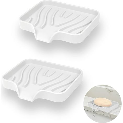 2-teiliges Seifenschalen-Set aus Silikon, Seifenschale für Badezimmer mit Abflussloch, neigbare Seifenschale - rutschfeste Seifenschale - für Dusche, Küche und Badewanne (weiß) (1/5)