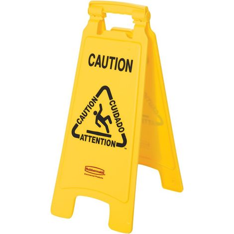 Panneau multilingue « Attention », 2 côtés, 66 cm, jaune - RUBBERMAID