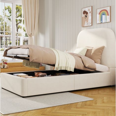 Letto a cassone bambini 90x200 cm in velluto con testiera, vano portaoggetti e rete a doghe, senza materasso, beige (1/5)