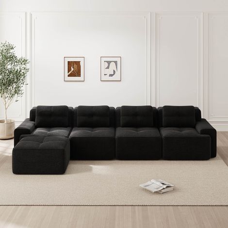 Canapé modulable 4 places en L avec méridienne, velours côtelé noir, assise profonde 74 cm, mousse 32D, sans montage (1/5)