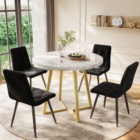 Okwish – Ensemble table à manger ronde 80 cm avec 4 chaises en velours noir – Pieds en métal doré – Plateau MDF blanc – Montage facile (1/5)
