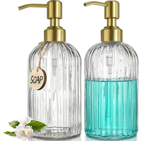 Set di 2 dispenser di sapone in vetro - 400 ml con pompa dorata - vassoio in bambù - imbuto e 18 adesivi - dispenser trasparente - 400 ml - 2 pezzi (1/5)