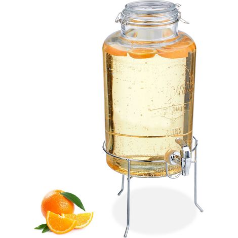Relaxdays Dispenser in Vetro per Bevande, Erogatore 8 L Rubinetto, Coperchio e Rialzo, Distribuitore Acqua e Limonata