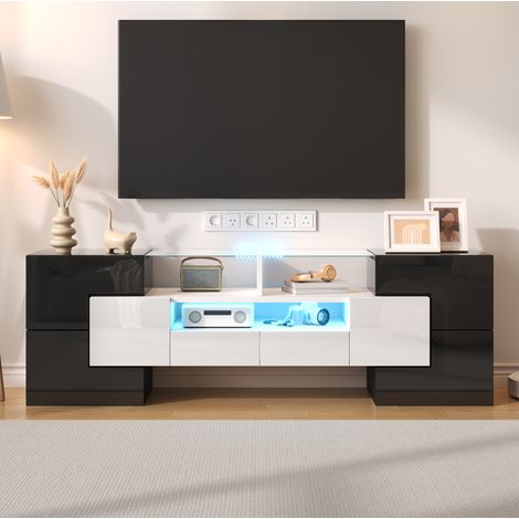 TV-Schrank 145x30x51 cm weiß und schwarz aus Holzwerkstoff mit Hochglanzfront, Glasoptik und LED-Beleuchtung (1/5)