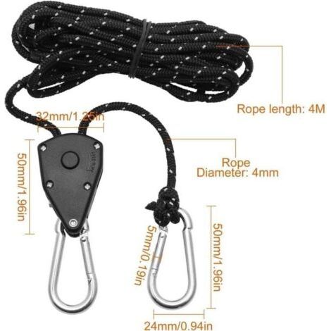 QORVA-2 Pièces Corde à Cliquet Réglable 4M, Poulie à Cliquet Noir 1/8 avec 2 Replacement Crochets, Tendeur de Corde à Cliquet Réfléchissante pour Lampe Plantes Tente Randonnée