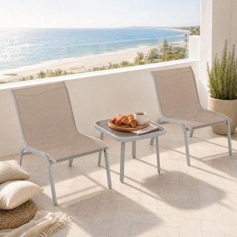 Aménager Petit Espace Extérieur Ensemble Bistro Balcon 2 Chaises Ergonomiques Tissu Respirant et Table Basse Acier Beige (1/5)