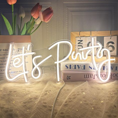 Enseigne néon « Let's Party » – Panneau LED pour chambre, fête d'anniversaire, mariage ou Saint-Valentin (Modèle « Let's Party » – Blanc chaud) – 40 x 17 cm (1/5)