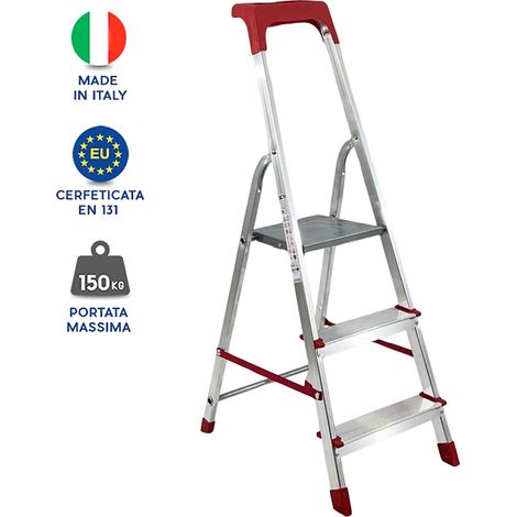 Scala Domestica in Alluminio Martina Leggera Portatile Scaletto Vaschetta Portaoggetti Pieghevole Robusta Salvaspazio made in Italy 3 gradini