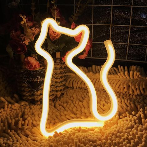 Cat Néon Enseignes Lèvre lumineuses Décoration murale, Batterie/USB alimenté Chat Néons Applique murale Intérieur Luminaires pour chambre, Saint Valentin, Éclairage de Noël jaune chat (1/5)