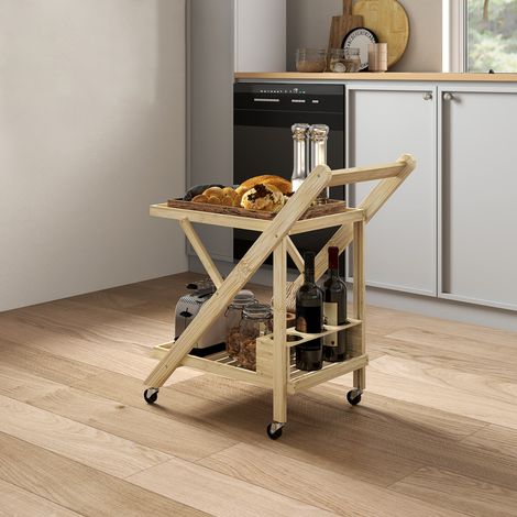 Chariot de cuisine/de service avec casier à vin, plan de travail, 2 étagères, chariot à roulettes pour bureau, cuisine, salon, 66 x 40 x 70 cm, bambou, naturel (1/5)