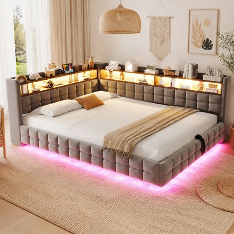 Cama con almacenaje 140x200 tapizada con LED, enchufe, USB y USB-C, terciopelo gris claro OKMYHOME (1/5)