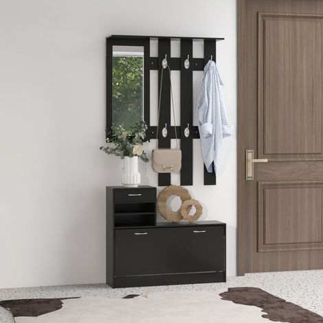 Ensembles 3 en 1 de meuble d'entrée vestiaire avec panneau porte-manteau, noir, miroir et banc à chaussures - 6 crochets et étagère réglable