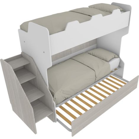 Letto a castello salvaspazio con terzo letto estraibile e scala laterale - Ideale per camerette - Bianco e rovere rock