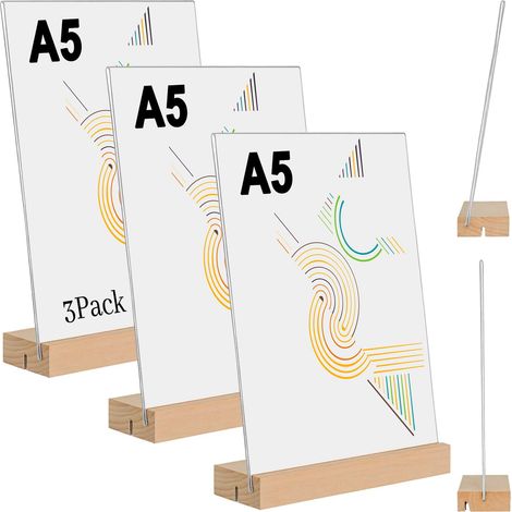 Lot de 3 Pésentois de Table A5 en Acylique Tanspaent avec Base en Bois-Pote-Affiche/Panneau Publicitaie pou Menus,Photos, Publicité- Suppot Plexi Double Fente (Debout/Incliné)