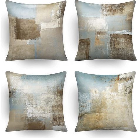 4 Housses de coussin, motif abstrait gris et bleu, fermeture invisible, tissu flanelle, pour salon chambre bureau (1/5)