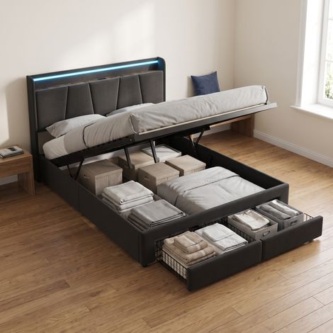 Lit coffre 140x200 cm avec 2 tiroirs, Lit double adulte avec LED et ports USB, tête de lit de rangement, Rembourré en lin, Gris foncé (1/5)