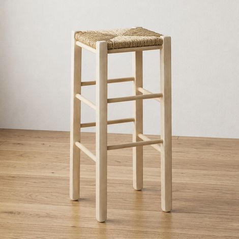 Tabouret de bar de 73 cm de haut en bois brut à peindre, assise carrée en paille (1/5)