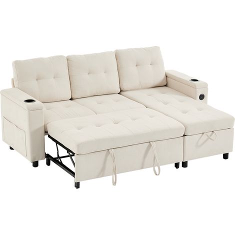 Sofá Cama De Esquina Convertible con Almacenaje Oculto, LED, Puertos USB y Tipo-C, Portavasos, Tela Beige (1/5)