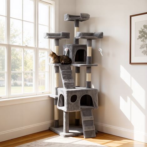 Árbol Rascador para Gatos Árbol para Gatos 153 cm con 2 Cuevas 3 Camas 2 Rampas Postes de Sisal Ratones Colgantes Gris (1/5)