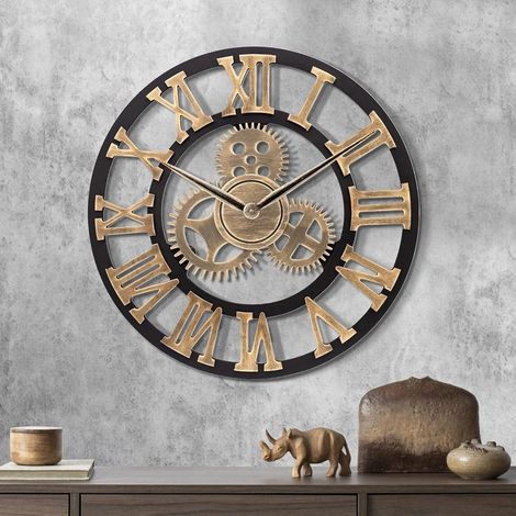 30cm Horloge Murale Geante Bois, Vintage Silencieuse Pendules Murales Or Engrenages Industrielle, Steampunk sans Tic-tac Décor pour Salon Bar Chambre (1/5)