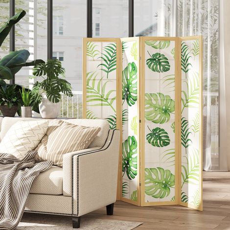 4-teiliger Raumtrenner, faltbar, Boho-Design, tropisches Motiv, freistehender Raumteiler, Holzrahmen, Grün