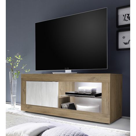 Meuble TV moderne 140 cm chêne mercure/blanc structuré Agathe (1/5)