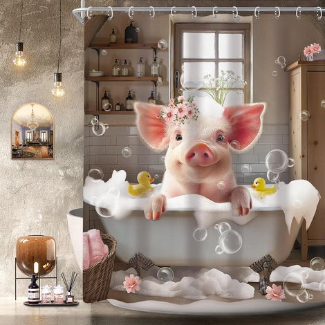 Rideau de douche amusant en forme de cochon 152,4 x 183 cm Motif animal de la ferme rustique dans la baignoire Rideau de douche imperméable pour salle de bain Motif floral rose (1/5)