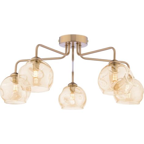Dar Feya Plafonnier semi-encastré Feya 5 lumières, bronze antique et verre ambré organique