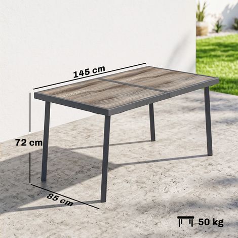 Outdoor Tisch für 6 Personen, Holzoptik, Metallrahmen, wetterfest, 145 x 85 x 72 cm, Grau (1/5)