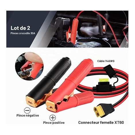 XT60 Female to Crocodile Clips 12V 24V 14AWG XT60 Connector to Car Battery Crocodile Clip with 20A Fuse for Portable Power Station (2m) (1/4)
