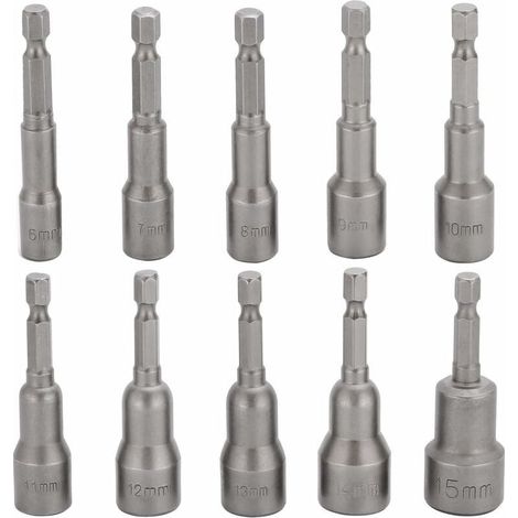 10 Pcs Embout Douille Visseuse à Choc 6-15mm Set Magnétique Hexagonale Douille Jeu de Embout Aimanté Perceuse Prise Hexagonale douille Set 1/4 Pouce pour Mandrin à Changement Rapide (1/5)