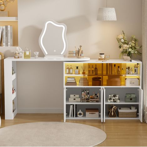 Toeletta reversibile ad angolo L 177x40x131,5 cm con specchio LED 3 colori, contenitore multilivello, bianco (1/5)
