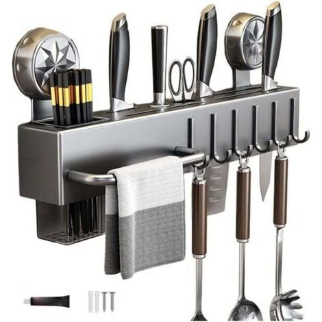 This wall-mounted cutlery rack features carbon steel hooks and is designed for organized storage. (1/4)