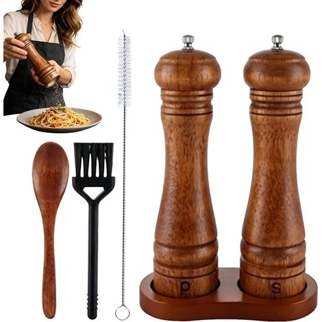 Set de Moulins à Sel et Poivre en Bois 22 cm avec Cuillère Brosse (1/5)