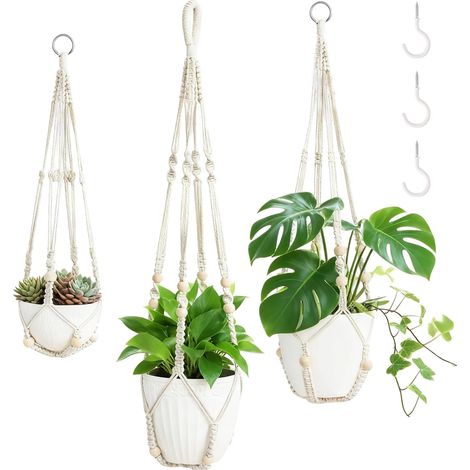 3 crochets de macramé, décoration bohème, corde de coton, pot de fleurs, macramé, support pour plantes avec crochets et perles en bois pour intérieur et extérieur, jardin, balcon, fenêtre (1/5)