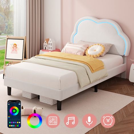 3ft Single Upholstered Bed with LED Adjustable Cute Cloud Headboard, Soft Velvet Bed Frame with Solid Wood Slat, No Box Spring Needed, Easy Assembly, Cream White (No Mattress)