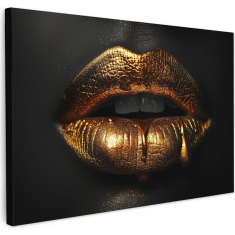 TABLEAU SUR TOILE Femme - Portrait - Lèvres - Or - Noir Toile Peinture Grand Format XXL 150x100 cm